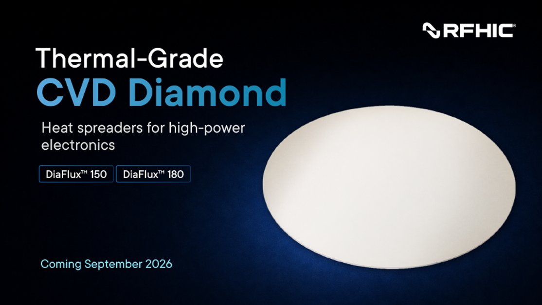 RFHIC DiaFlux 150 and DiaFlux 180 thermal-grade CVD diamond heat spreaders on a 4-inch polycrystalline diamond wafer