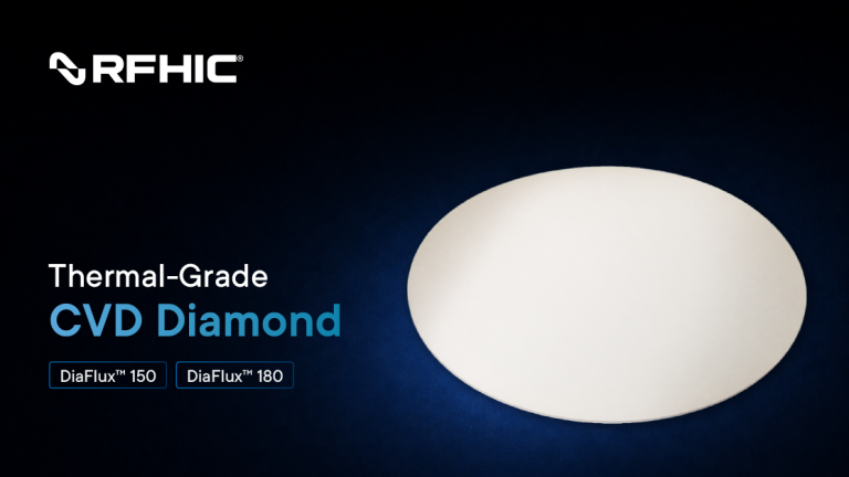 RFHIC DiaFlux 150 and DiaFlux 180 thermal-grade CVD diamond heat spreaders on a 4-inch polycrystalline diamond wafer